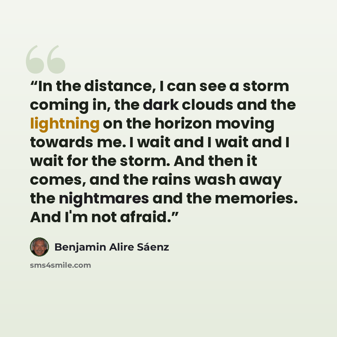 “In the distance, I can see a storm coming in, the dark clouds and the lightning on the horizon moving towards me. I wait and I wait and I wait for the storm. And then it comes, and the rains wash away the nightmares and the memories. And I'm not afraid.” quote by Benjamin Alire Sáenz