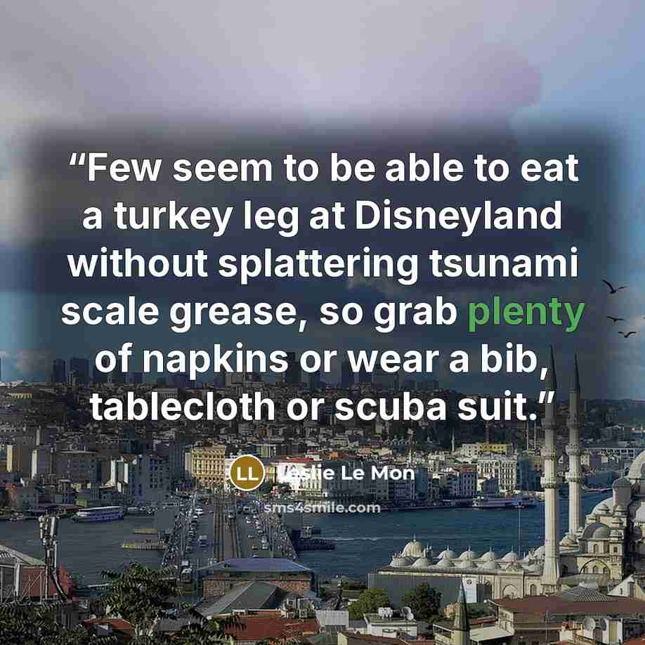 “Few seem to be able to eat a turkey leg at Disneyland without splattering tsunami scale grease, so grab plenty of napkins or wear a bib, tablecloth or scuba suit.” quote by Leslie Le Mon