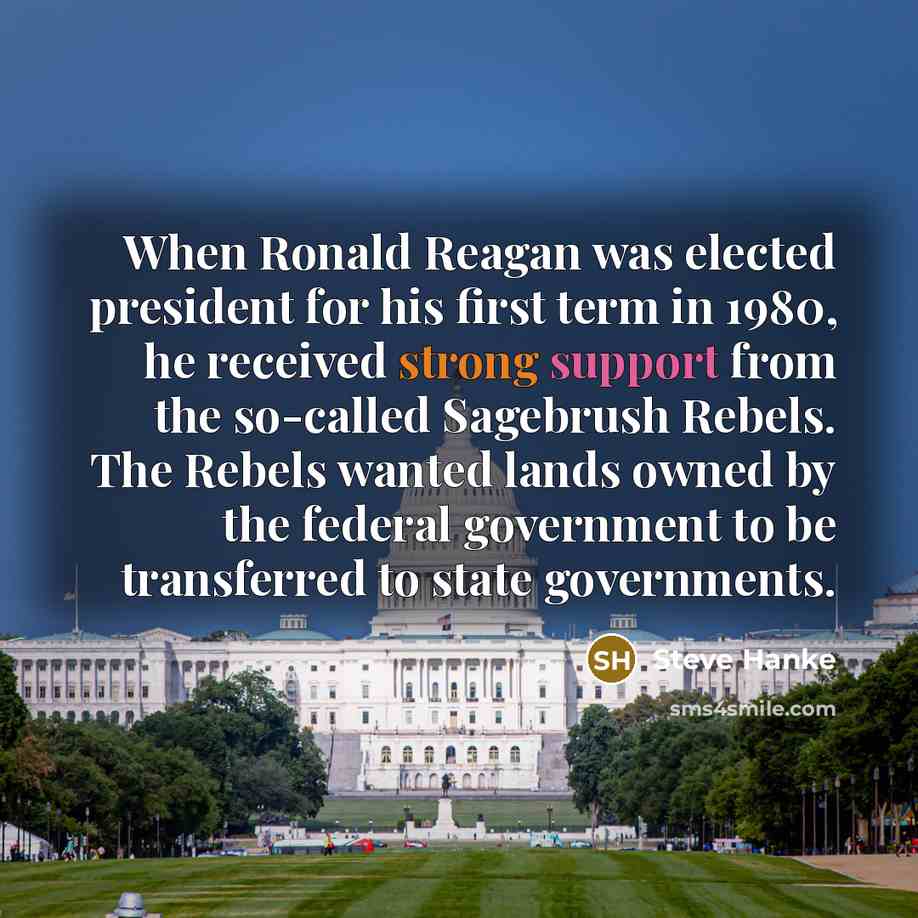 “When Ronald Reagan was elected president for his first term in 1980, he received strong support from the so-called Sagebrush Rebels. The Rebels wanted lands owned by the federal government to be transferred to state governments.” quote by Steve Hanke