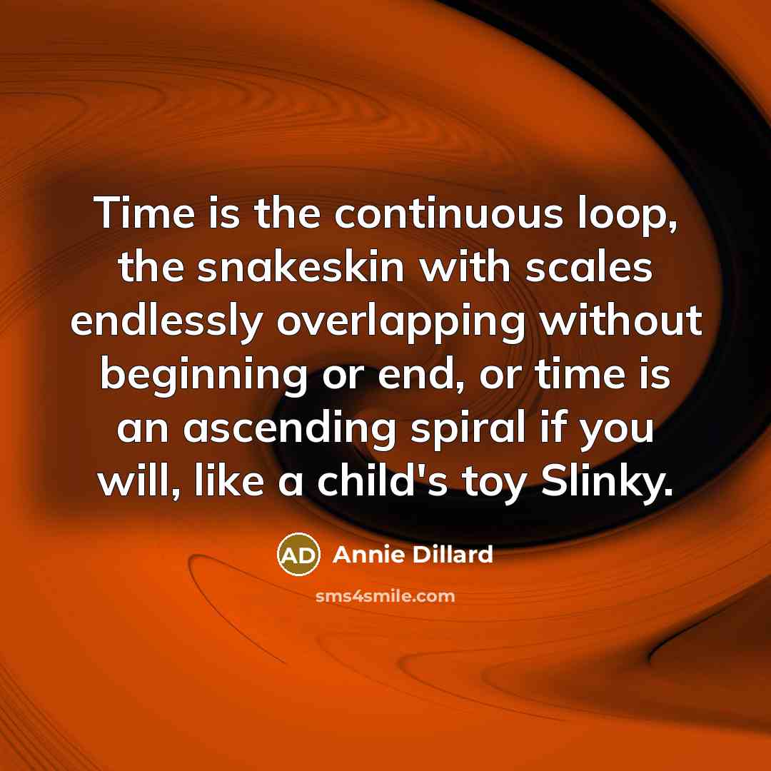 “Time is the continuous loop, the snakeskin with scales endlessly overlapping without beginning or end, or time is an ascending spiral if you will, like a child's toy Slinky.” quote by Annie Dillard