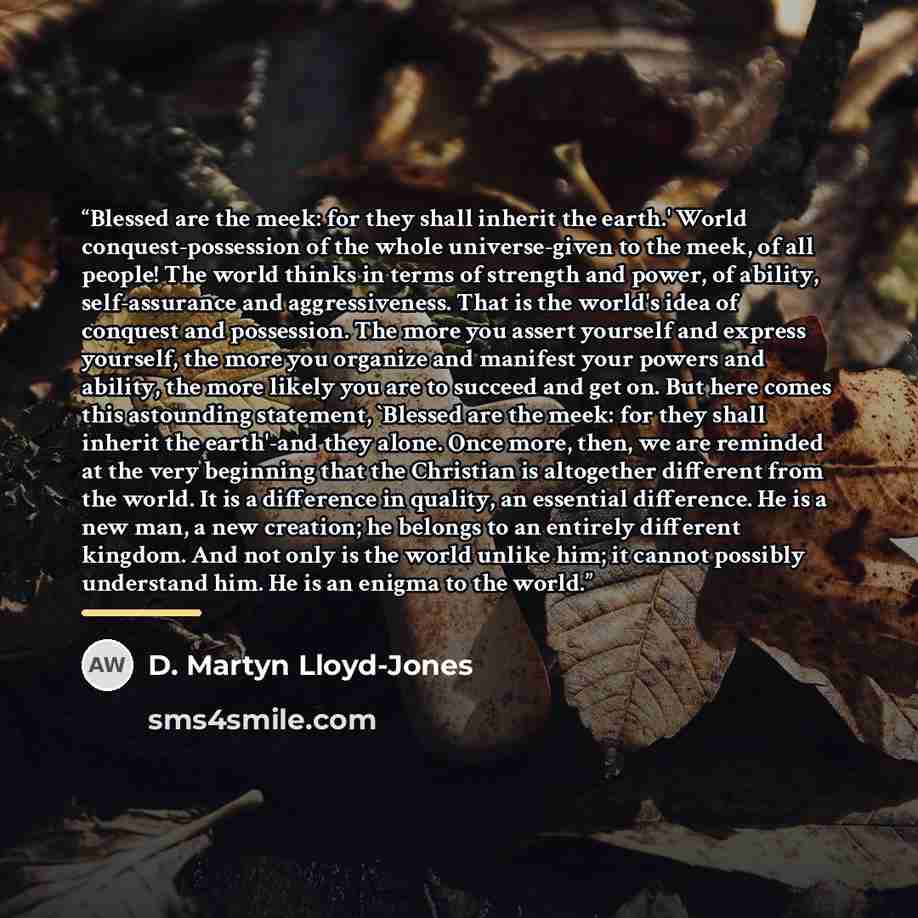 “Blessed are the meek: for they shall inherit the earth.' World conquest-possession of the whole universe-given to the meek, of all people! The world thinks in terms of strength and power, of ability, self-assurance and aggressiveness. That is the world's idea of conquest and possession. The more…” quote by D. Martyn Lloyd-Jones