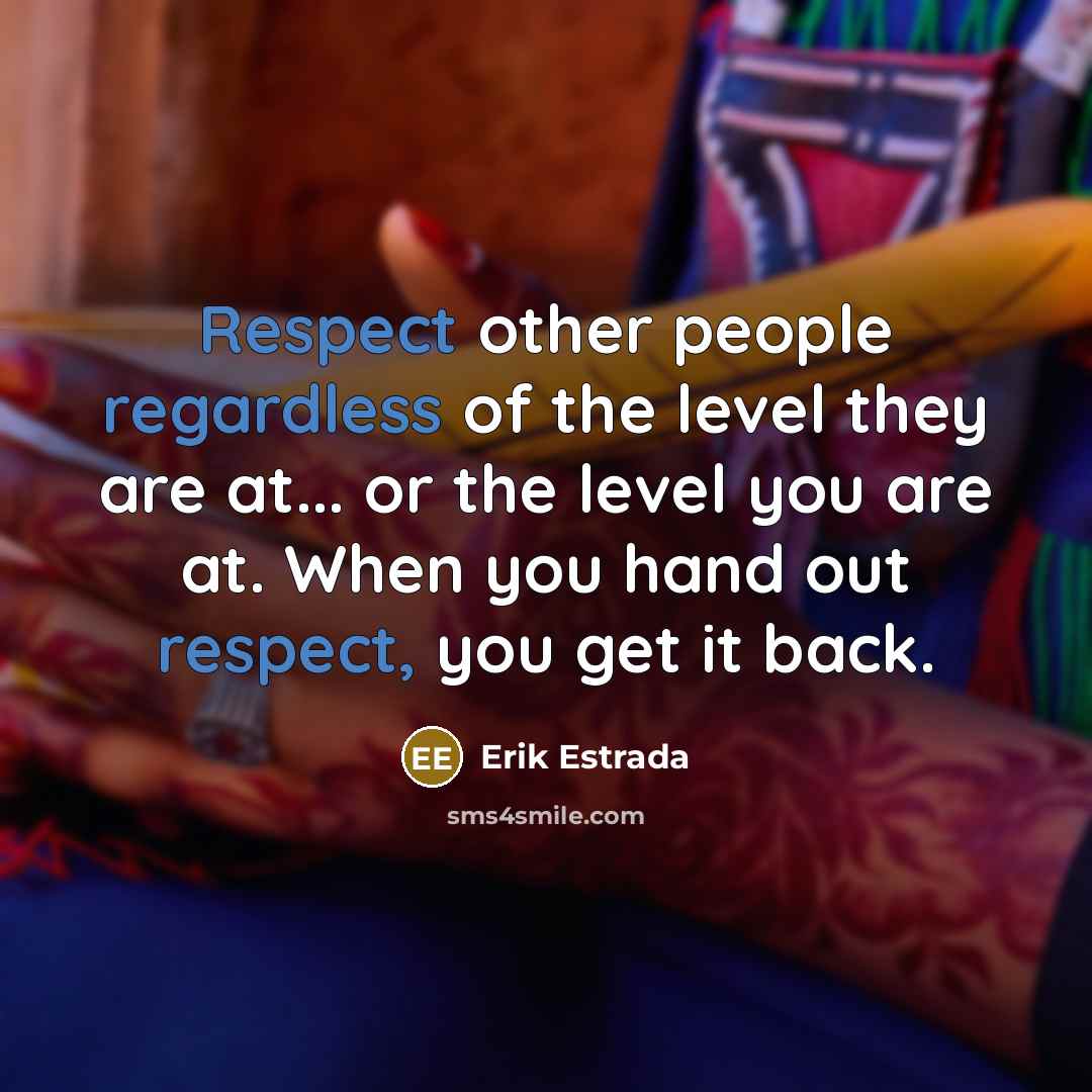 “Respect other people regardless of the level they are at... or the level you are at. When you hand out respect, you get it back.” quote by Erik Estrada