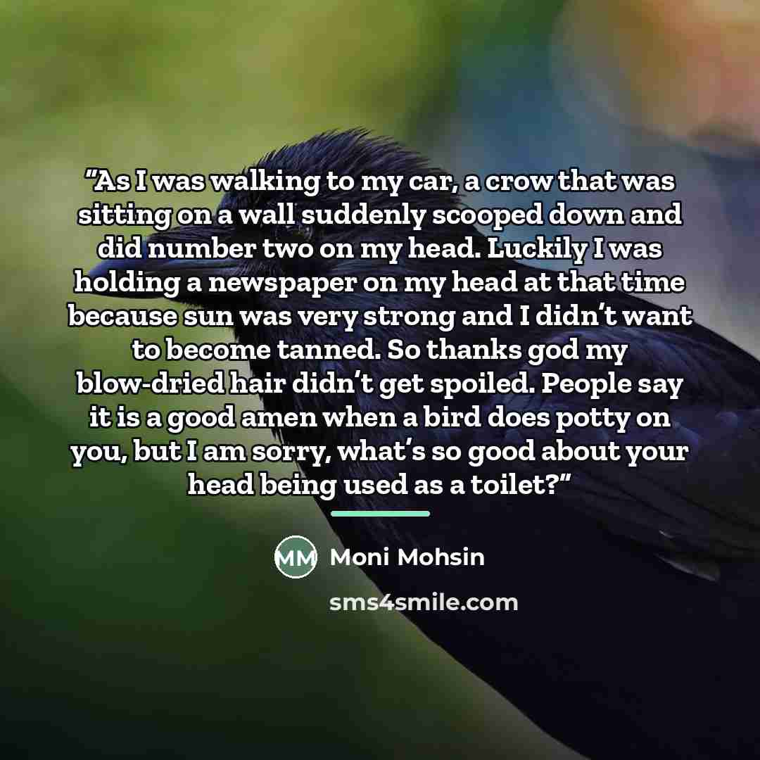 “As I was walking to my car, a crow that was sitting on a wall suddenly scooped down and did number two on my head. Luckily I was holding a newspaper on my head at that time because sun was very strong and I didn’t want to become tanned. So thanks god my blow-dried hair didn’t get spoiled. People…” quote by Moni Mohsin