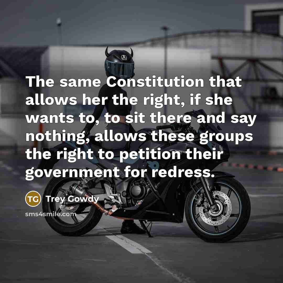 “The same Constitution that allows her the right, if she wants to, to sit there and say nothing, allows these groups the right to petition their government for redress.” quote by Trey Gowdy
