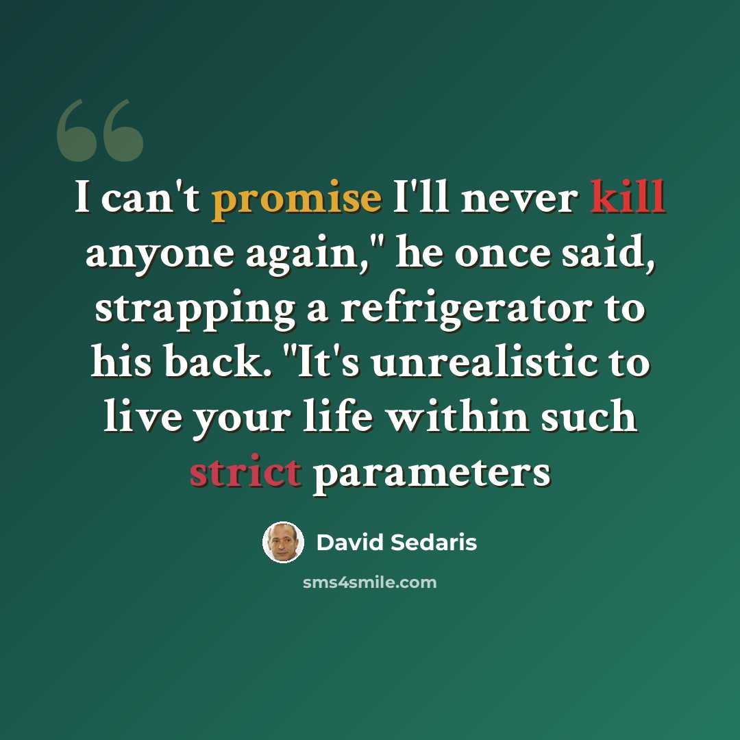 “I can't promise I'll never kill anyone again," he once said, strapping a refrigerator to his back. "It's unrealistic to live your life within such strict parameters” quote by David Sedaris