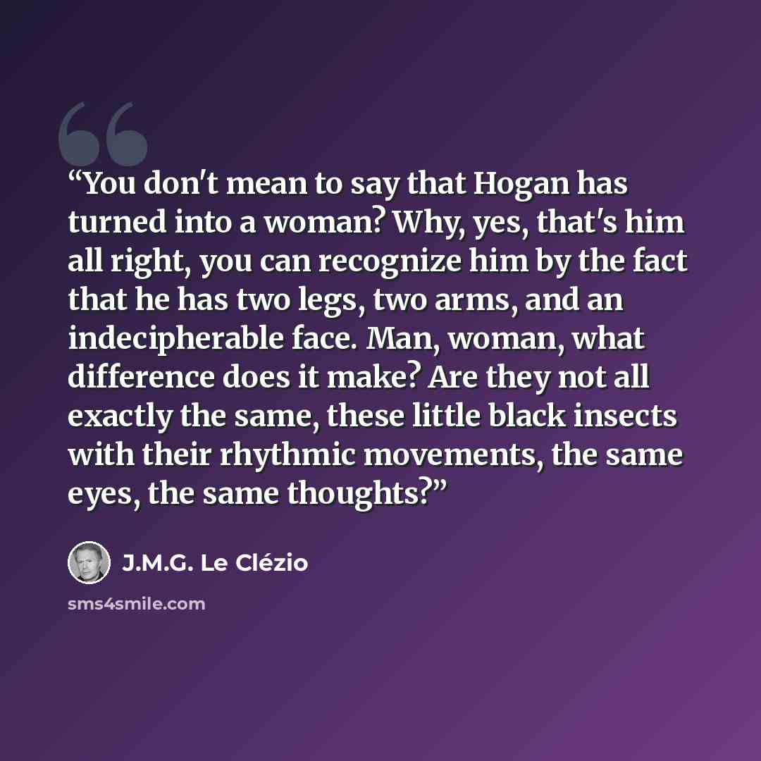“You don't mean to say that Hogan has turned into a woman? Why, yes, that's him all right, you can recognize him by the fact that he has two legs, two arms, and an indecipherable face. Man, woman, what difference does it make? Are they not all exactly the same, these little black insects with their…” quote by J.M.G. Le Clézio