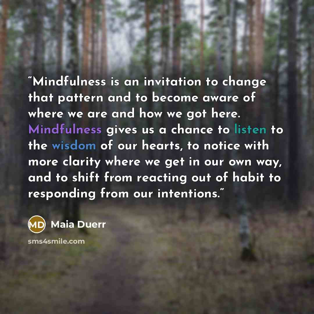 “Mindfulness is an invitation to change that pattern and to become aware of where we are and how we got here. Mindfulness gives us a chance to listen to the wisdom of our hearts, to notice with more clarity where we get in our own way, and to shift from reacting out of habit to responding from our…” quote by Maia Duerr