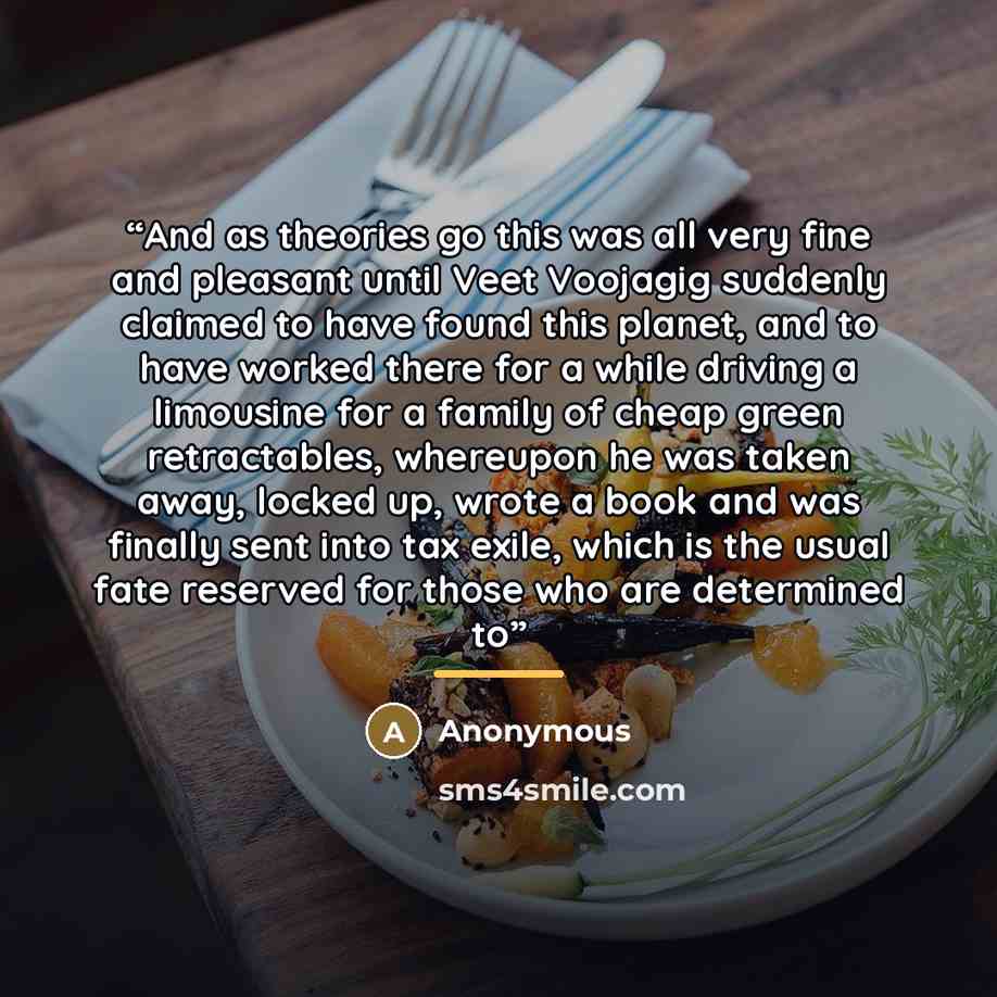 “And as theories go this was all very fine and pleasant until Veet Voojagig suddenly claimed to have found this planet, and to have worked there for a while driving a limousine for a family of cheap green retractables, whereupon he was taken away, locked up, wrote a book and was finally sent into…” quote by Anonymous
