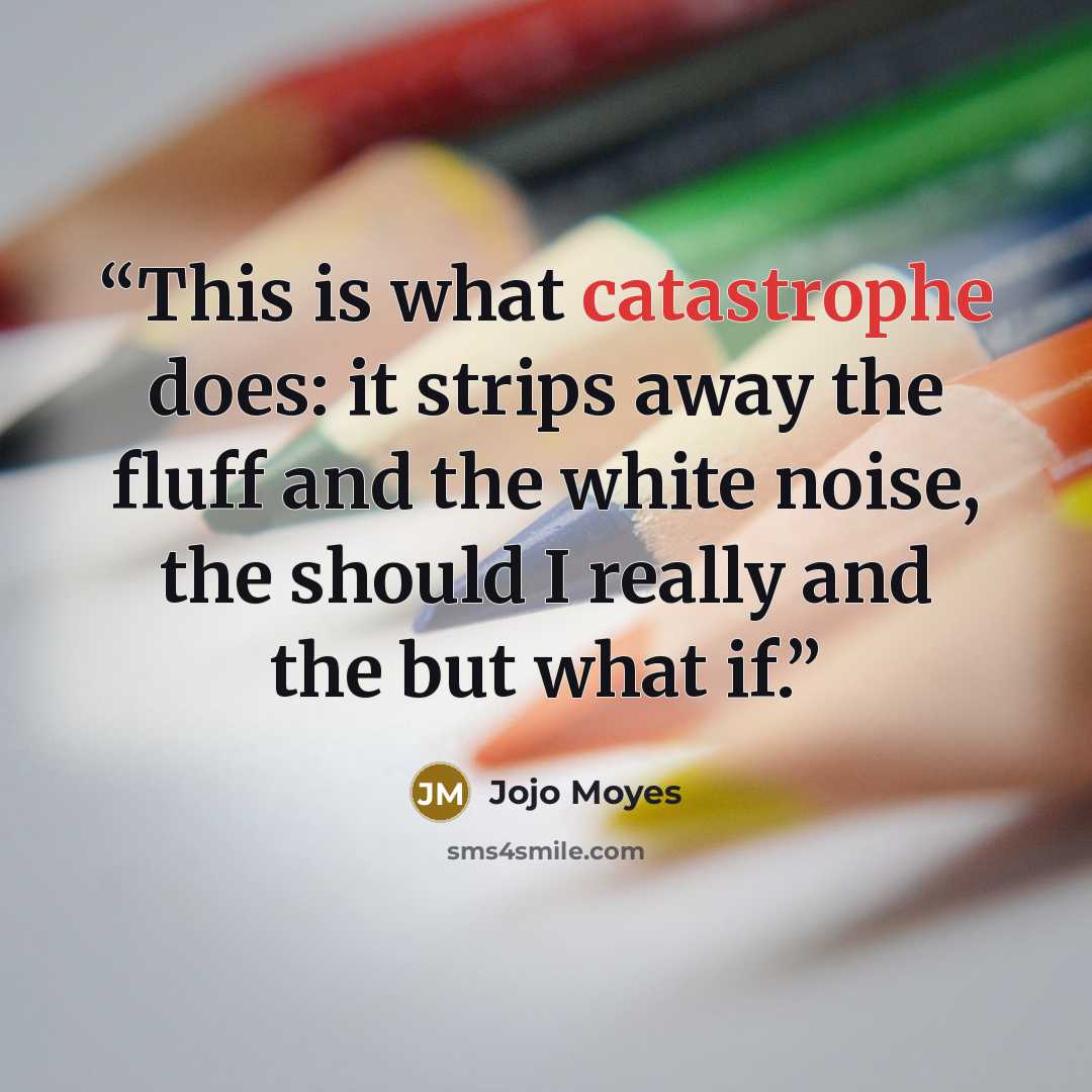 “This is what catastrophe does: it strips away the fluff and the white noise, the should I really and the but what if.” quote by Jojo Moyes