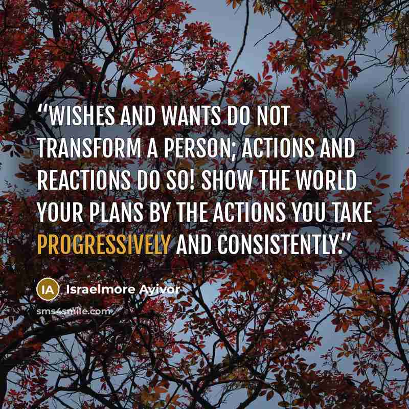 “Wishes and wants do not transform a person; actions and reactions do so! Show the world your plans by the actions you take progressively and consistently.” quote by Israelmore Ayivor