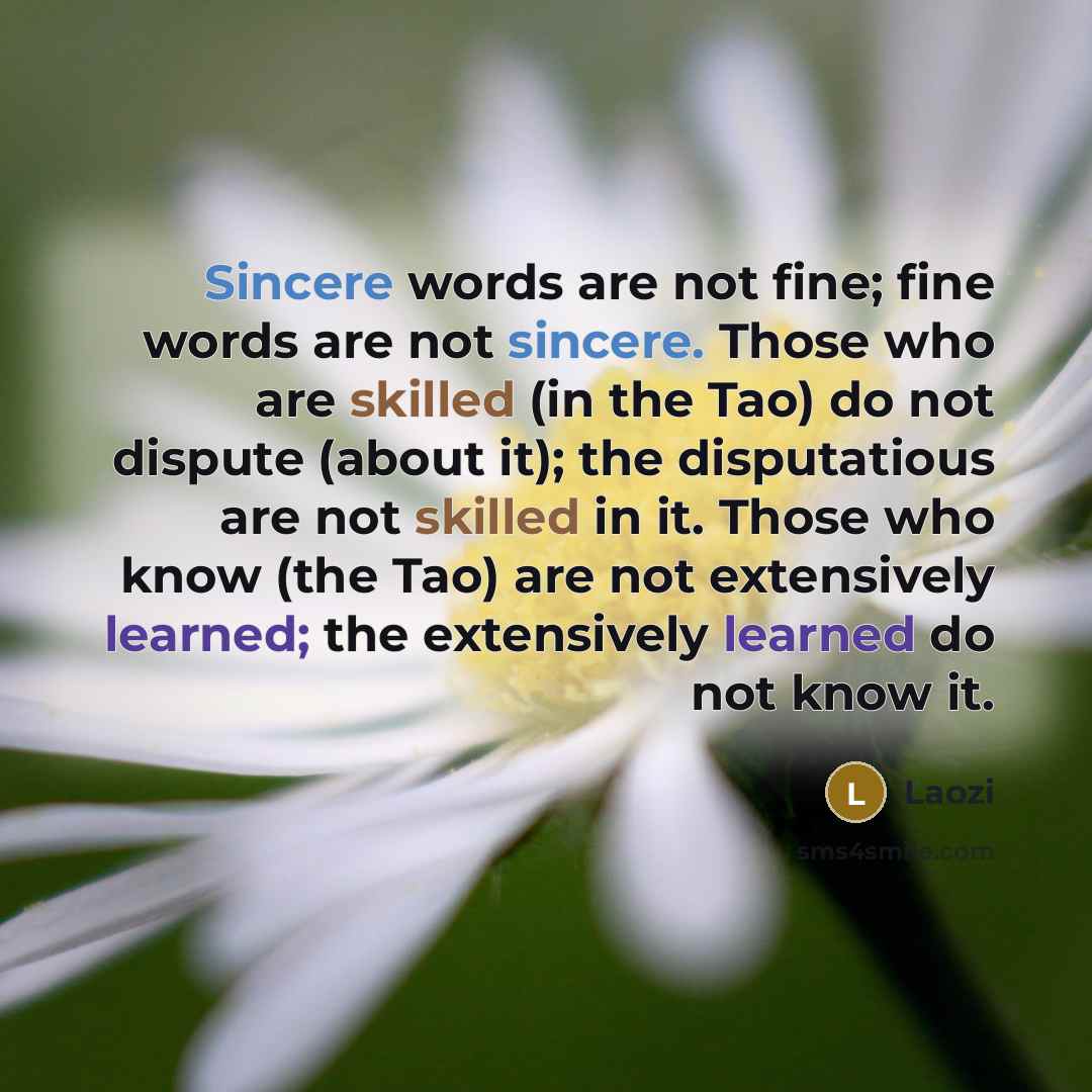 “Sincere words are not fine; fine words are not sincere. Those who are skilled (in the Tao) do not dispute (about it); the disputatious are not skilled in it. Those who know (the Tao) are not extensively learned; the extensively learned do not know it.” quote by Laozi