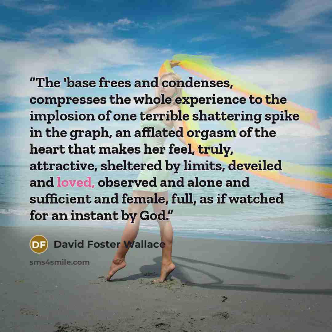 “The 'base frees and condenses, compresses the whole experience to the implosion of one terrible shattering spike in the graph, an afflated orgasm of the heart that makes her feel, truly, attractive, sheltered by limits, deveiled and loved, observed and alone and sufficient and female, full, as if…” quote by David Foster Wallace