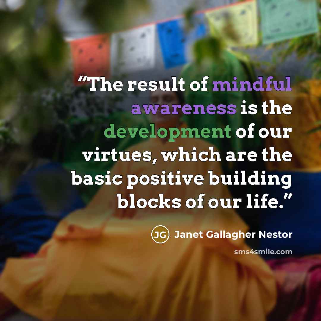 “The result of mindful awareness is the development of our virtues, which are the basic positive building blocks of our life.” quote by Janet Gallagher Nestor