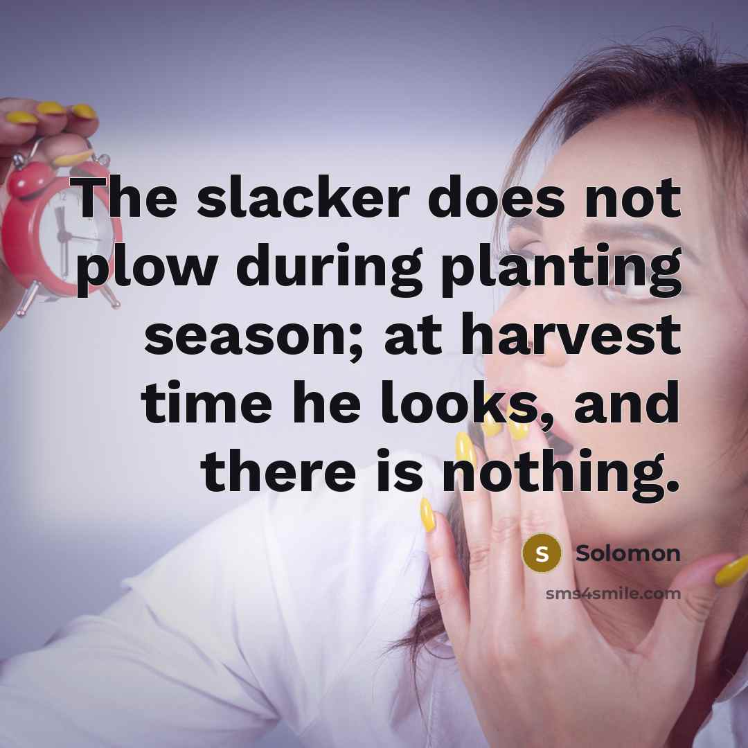 “The slacker does not plow during planting season; at harvest time he looks, and there is nothing.” quote by Solomon