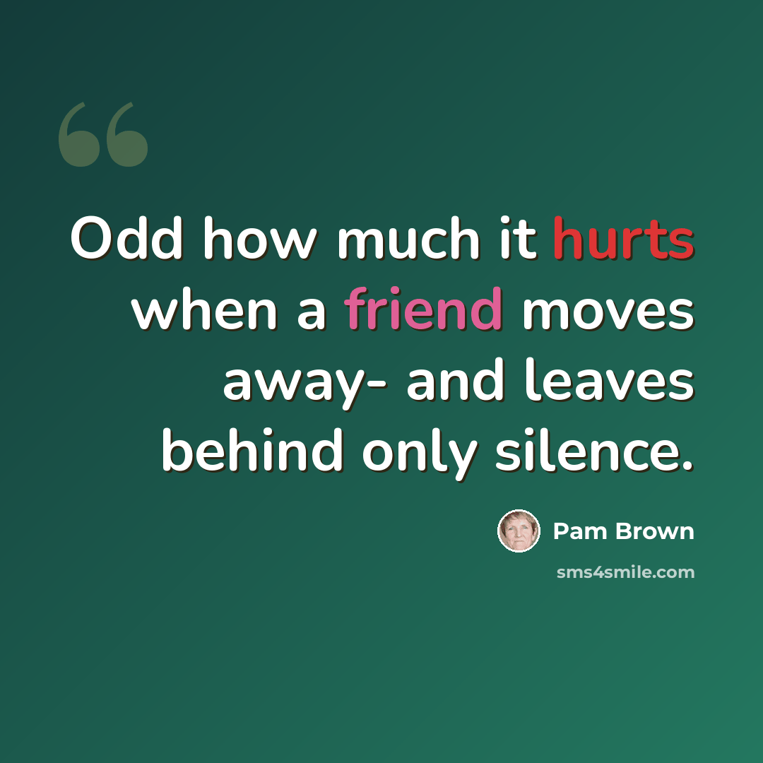 “Odd how much it hurts when a friend moves away- and leaves behind only silence.” quote by Pam Brown