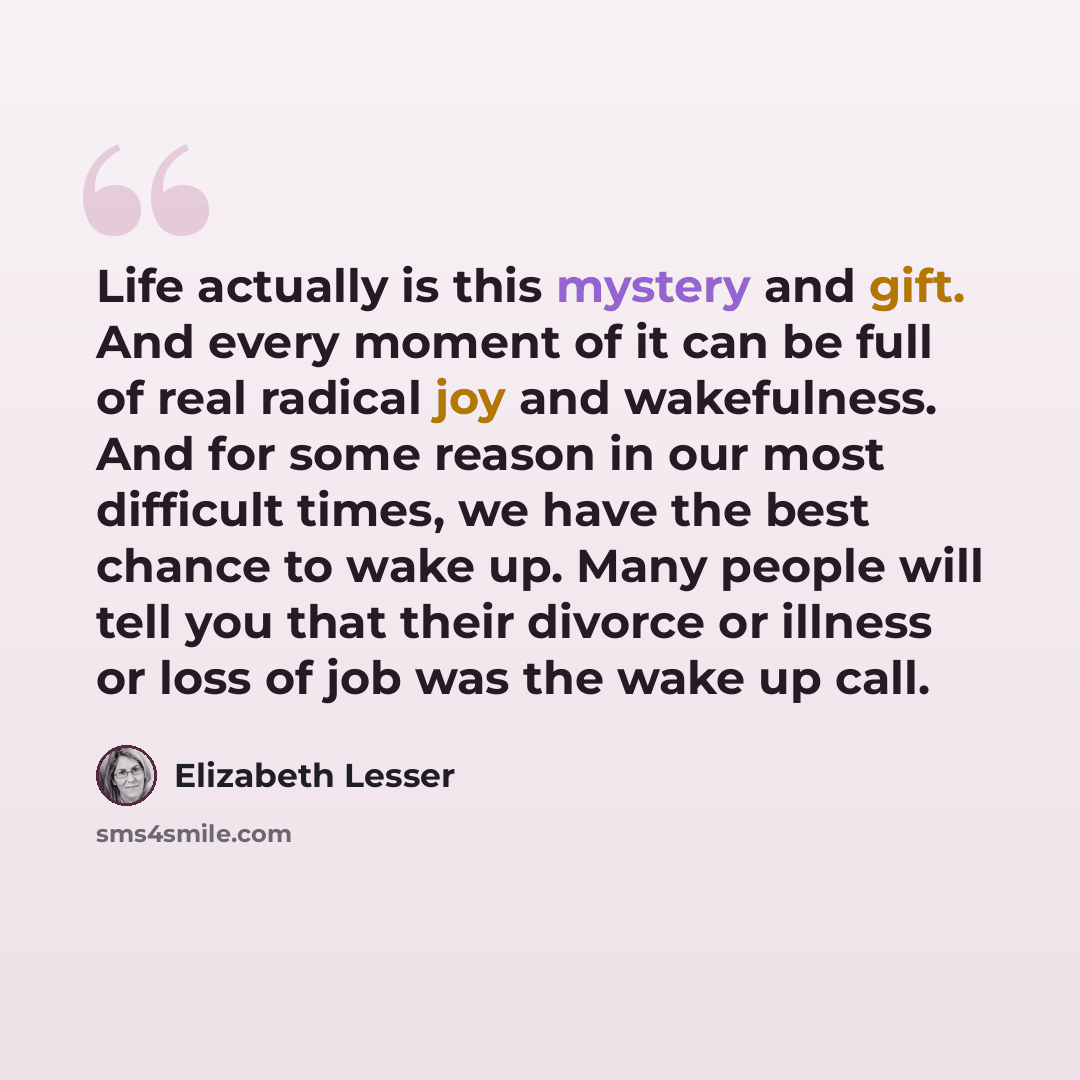 “Life actually is this mystery and gift. And every moment of it can be full of real radical joy and wakefulness. And for some reason in our most difficult times, we have the best chance to wake up. Many people will tell you that their divorce or illness or loss of job was the wake up call.” quote by Elizabeth Lesser