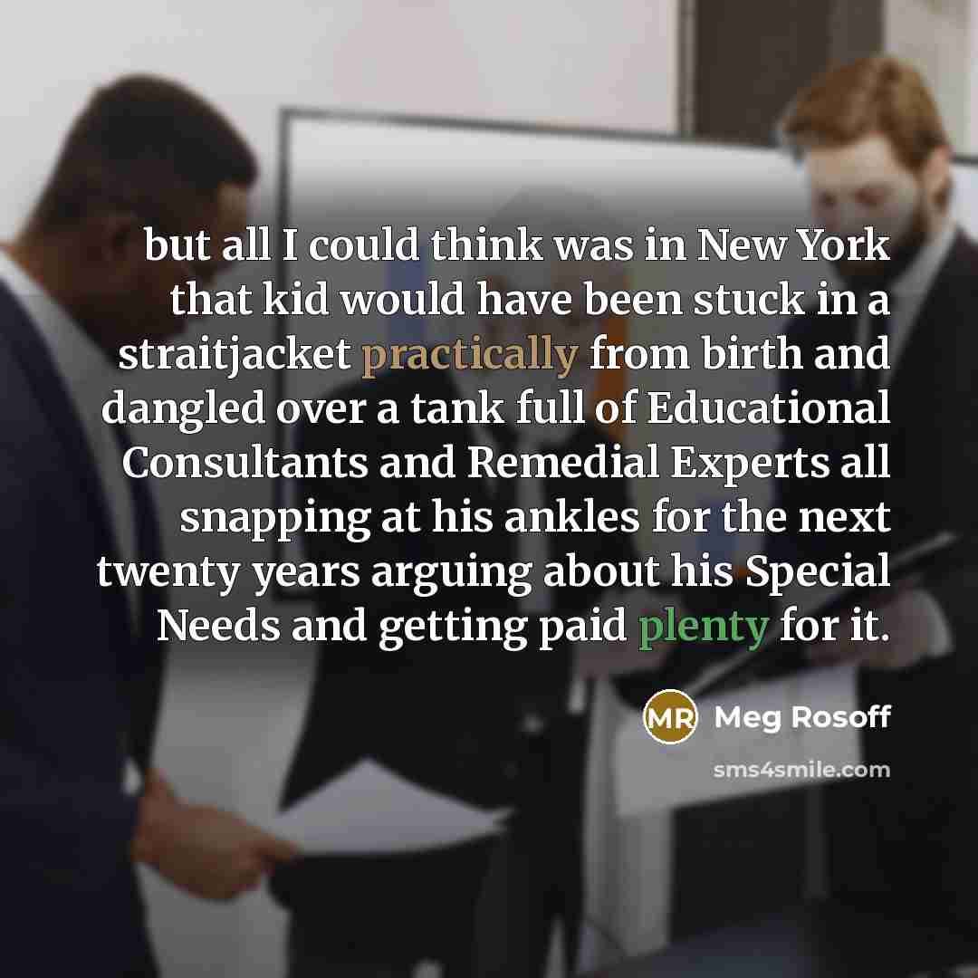 “but all I could think was in New York that kid would have been stuck in a straitjacket practically from birth and dangled over a tank full of Educational Consultants and Remedial Experts all snapping at his ankles for the next twenty years arguing about his Special Needs and getting paid plenty…” quote by Meg Rosoff