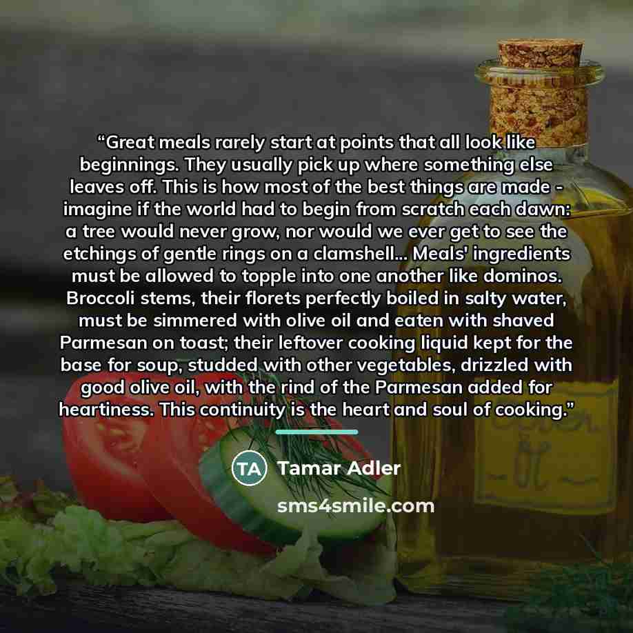 “Great meals rarely start at points that all look like beginnings. They usually pick up where something else leaves off. This is how most of the best things are made - imagine if the world had to begin from scratch each dawn: a tree would never grow, nor would we ever get to see the etchings of…” quote by Tamar Adler