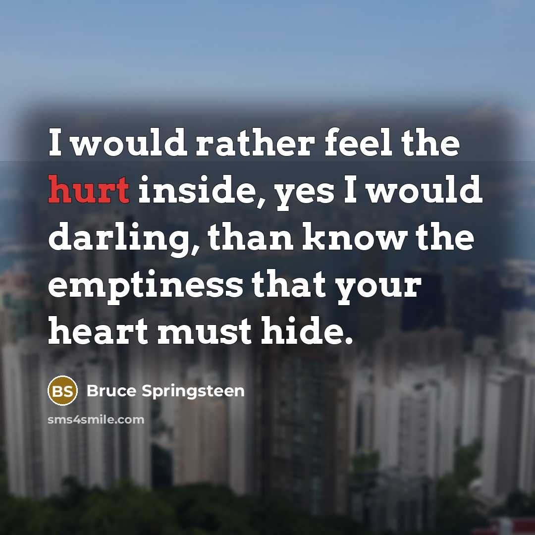 “I would rather feel the hurt inside, yes I would darling, than know the emptiness that your heart must hide.” quote by Bruce Springsteen