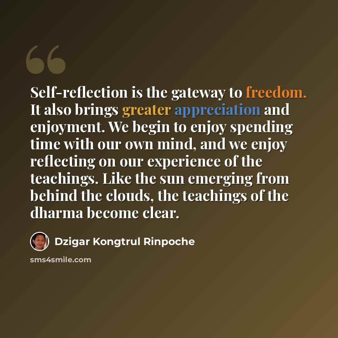 “Self-reflection is the gateway to freedom. It also brings greater appreciation and enjoyment. We begin to enjoy spending time with our own mind, and we enjoy reflecting on our experience of the teachings. Like the sun emerging from behind the clouds, the teachings of the dharma become clear.” quote by Dzigar Kongtrul Rinpoche