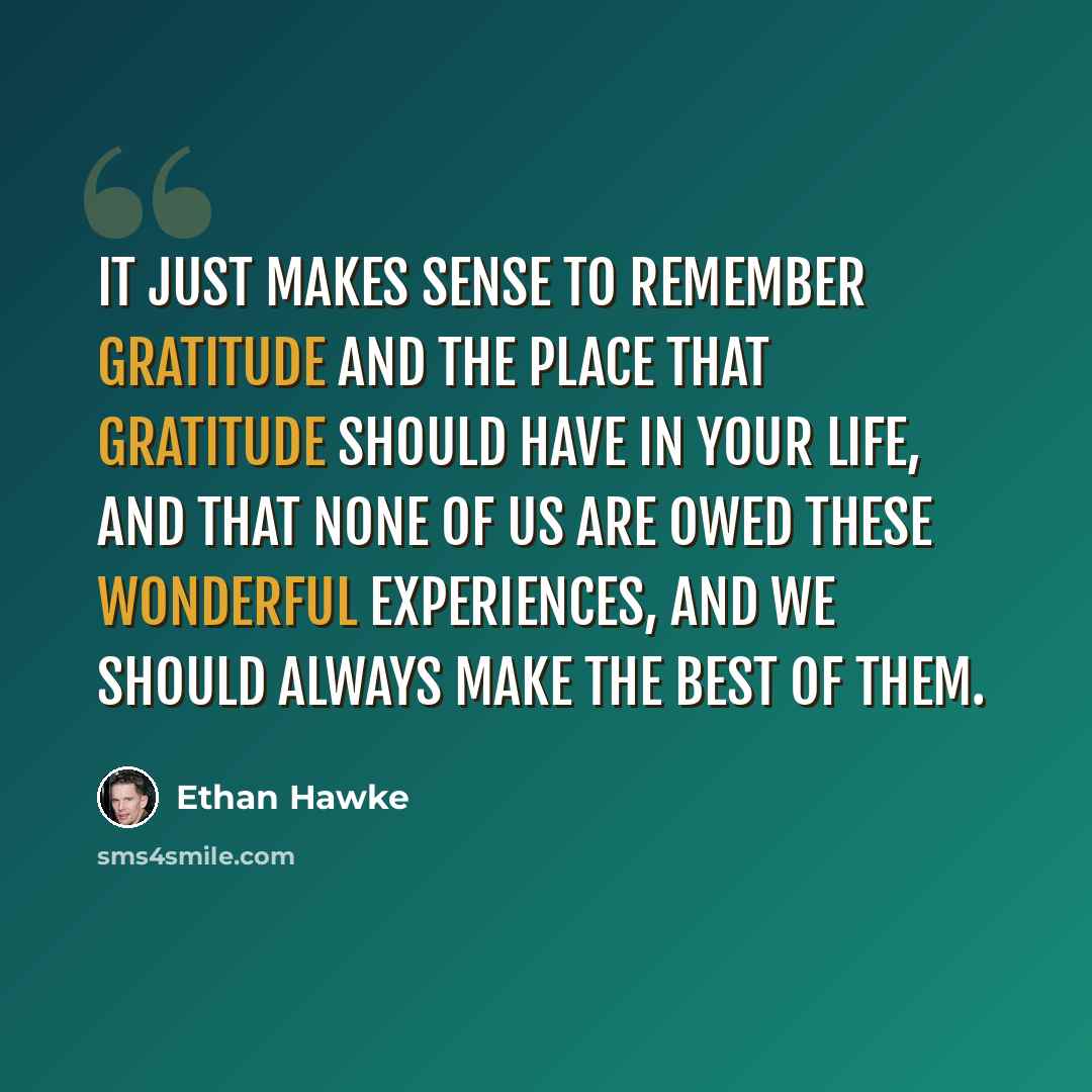 “It just makes sense to remember gratitude and the place that gratitude should have in your life, and that none of us are owed these wonderful experiences, and we should always make the best of them.” quote by Ethan Hawke