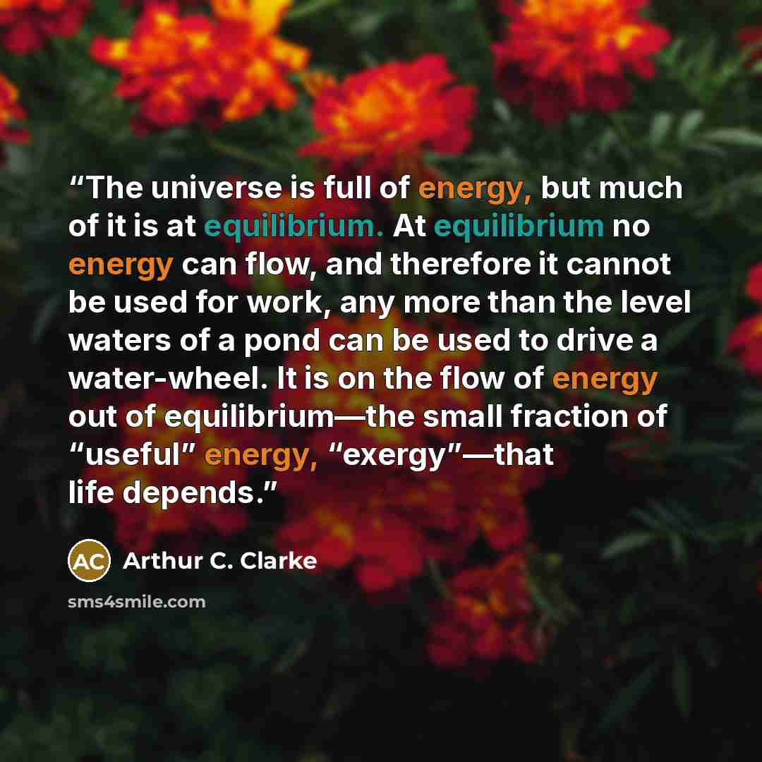 “The universe is full of energy, but much of it is at equilibrium. At equilibrium no energy can flow, and therefore it cannot be used for work, any more than the level waters of a pond can be used to drive a water-wheel. It is on the flow of energy out of equilibrium—the small fraction of “useful”…” quote by Arthur C. Clarke
