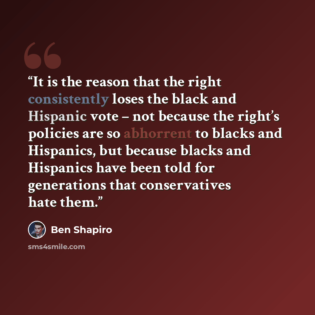 “It is the reason that the right consistently loses the black and Hispanic vote – not because the right’s policies are so abhorrent to blacks and Hispanics, but because blacks and Hispanics have been told for generations that conservatives hate them.” quote by Ben Shapiro
