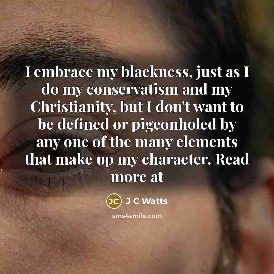 “I embrace my blackness, just as I do my conservatism and my Christianity, but I don't want to be defined or pigeonholed by any one of the many elements that make up my character. Read more at” quote by J C Watts