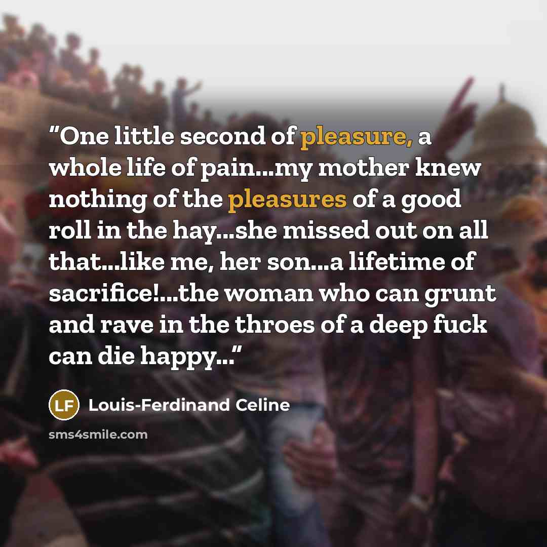 “One little second of pleasure, a whole life of pain...my mother knew nothing of the pleasures of a good roll in the hay...she missed out on all that...like me, her son...a lifetime of sacrifice!...the woman who can grunt and rave in the throes of a deep fuck can die happy...” quote by Louis-Ferdinand Céline
