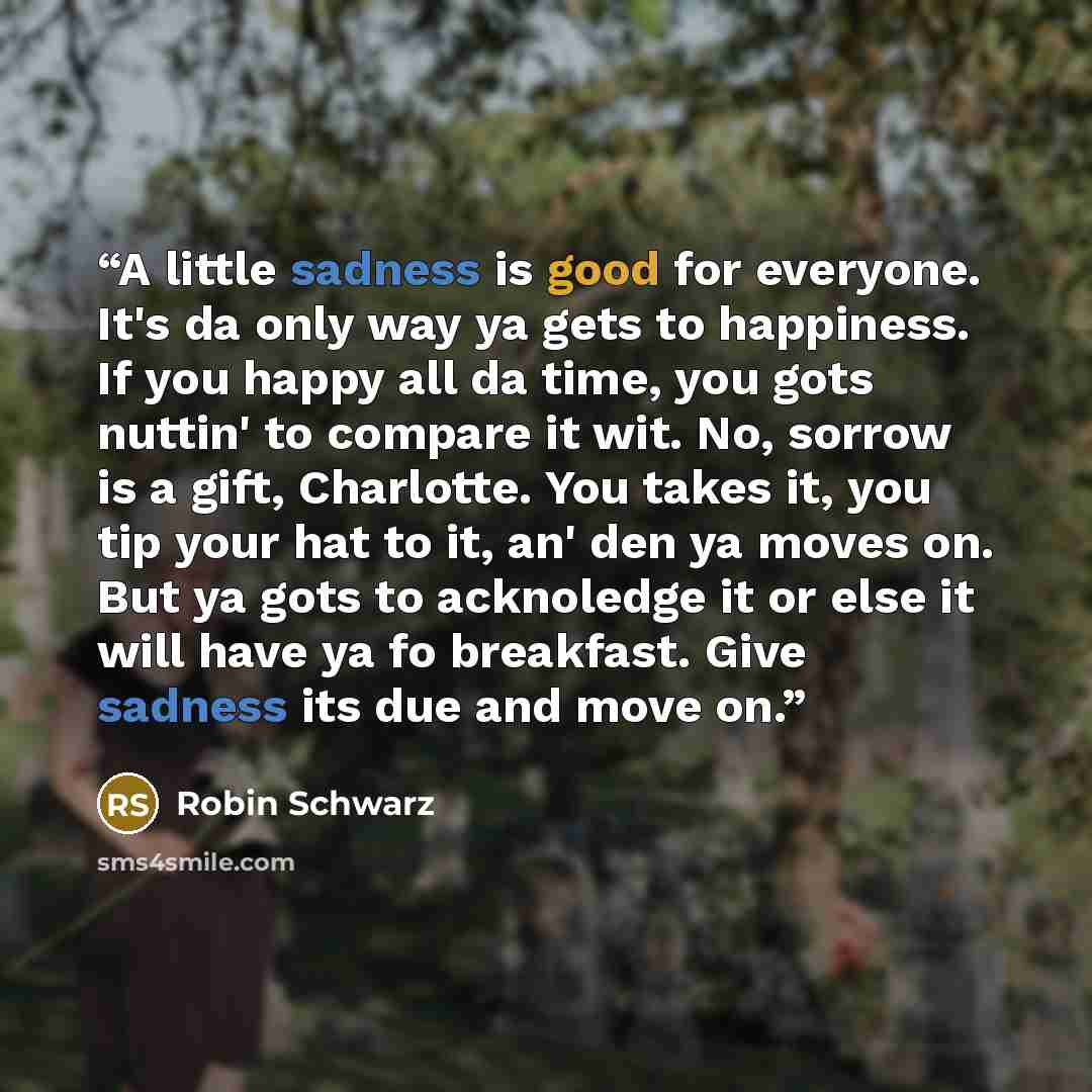 “A little sadness is good for everyone. It's da only way ya gets to happiness. If you happy all da time, you gots nuttin' to compare it wit. No, sorrow is a gift, Charlotte. You takes it, you tip your hat to it, an' den ya moves on. But ya gots to acknoledge it or else it will have ya fo breakfast…” quote by Robin Schwarz