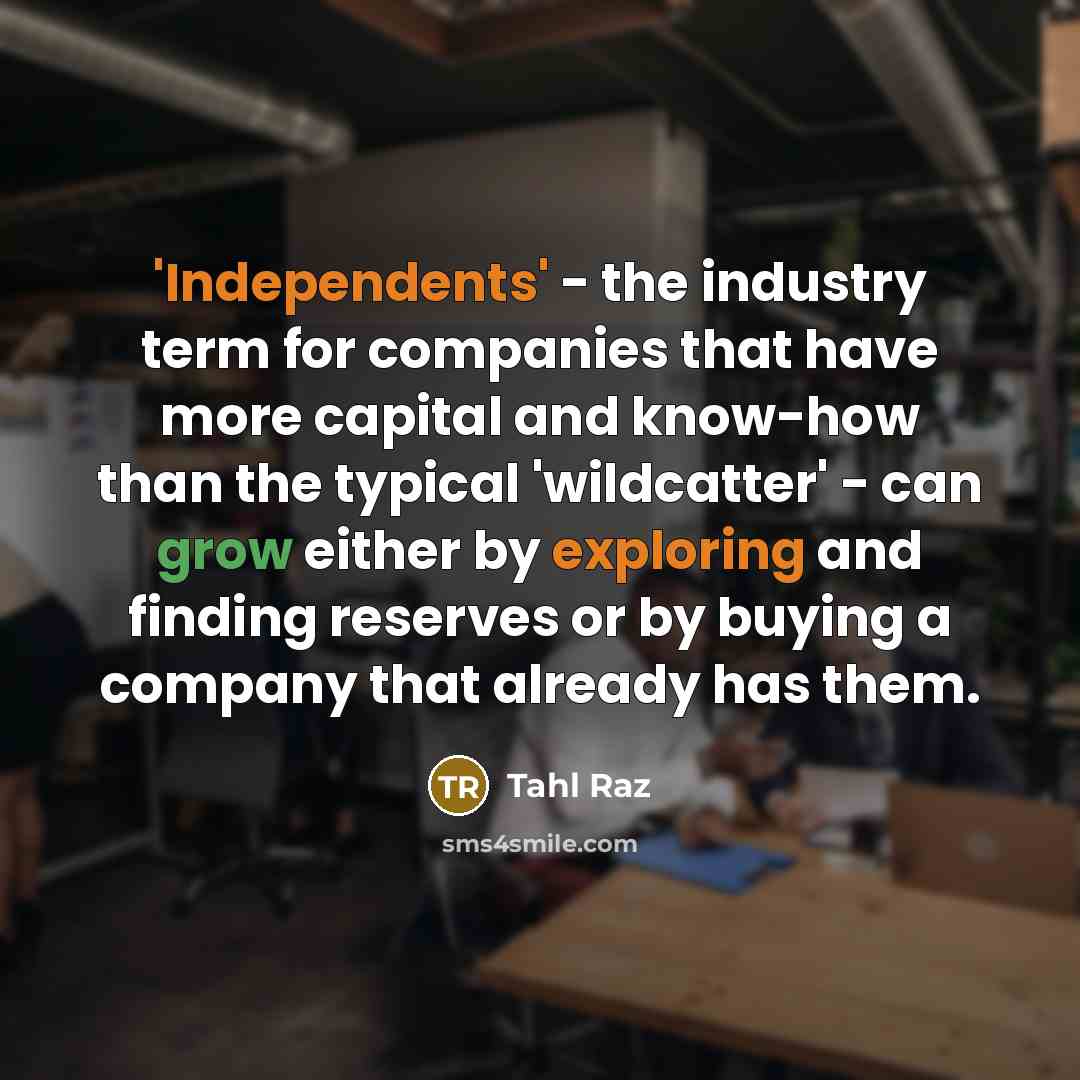 “'Independents' - the industry term for companies that have more capital and know-how than the typical 'wildcatter' - can grow either by exploring and finding reserves or by buying a company that already has them.” quote by Tahl Raz