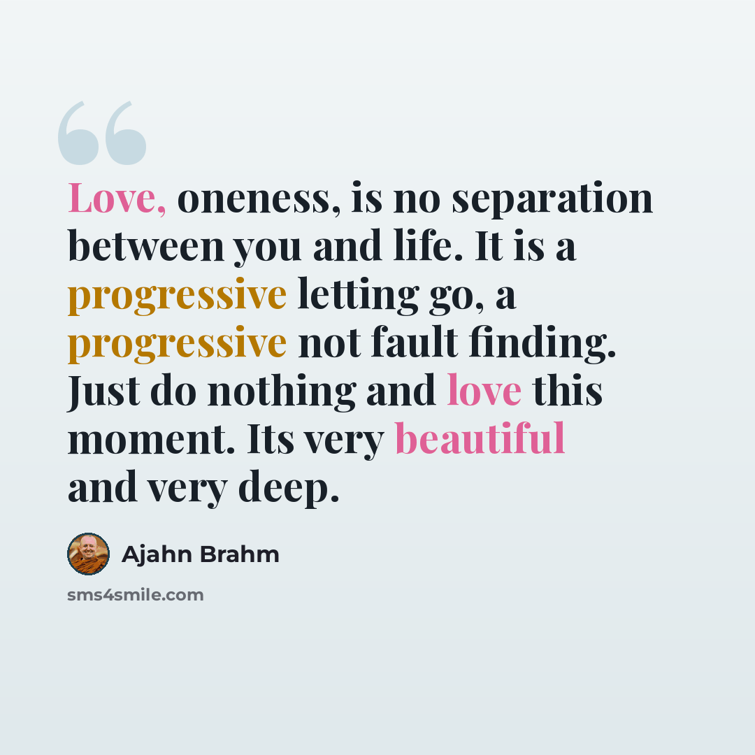 “Love, oneness, is no separation between you and life. It is a progressive letting go, a progressive not fault finding. Just do nothing and love this moment. Its very beautiful and very deep.” quote by Ajahn Brahm