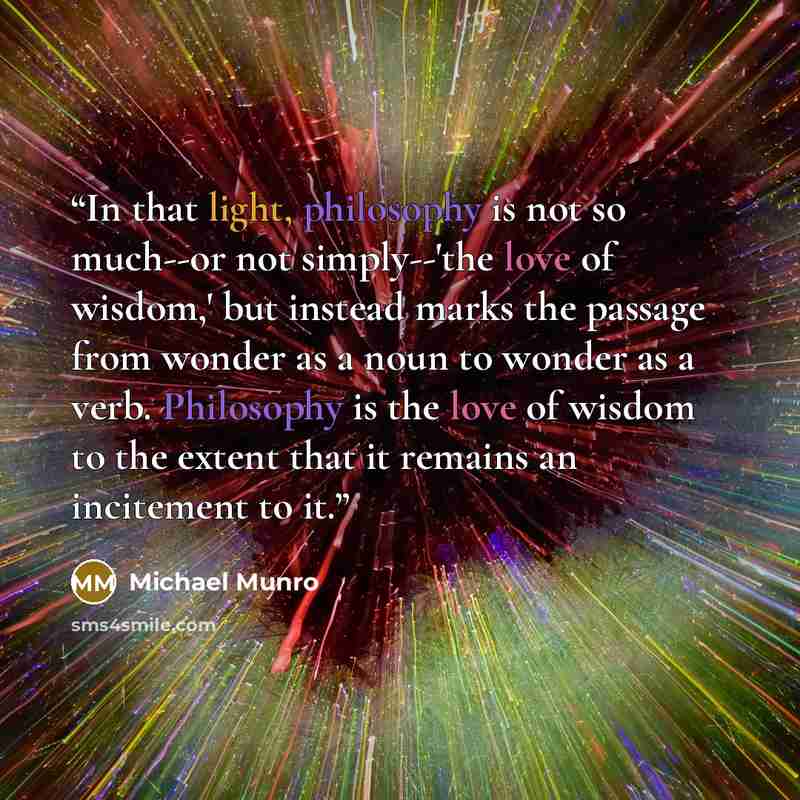 “In that light, philosophy is not so much--or not simply--'the love of wisdom,' but instead marks the passage from wonder as a noun to wonder as a verb. Philosophy is the love of wisdom to the extent that it remains an incitement to it.” quote by Michael Munro