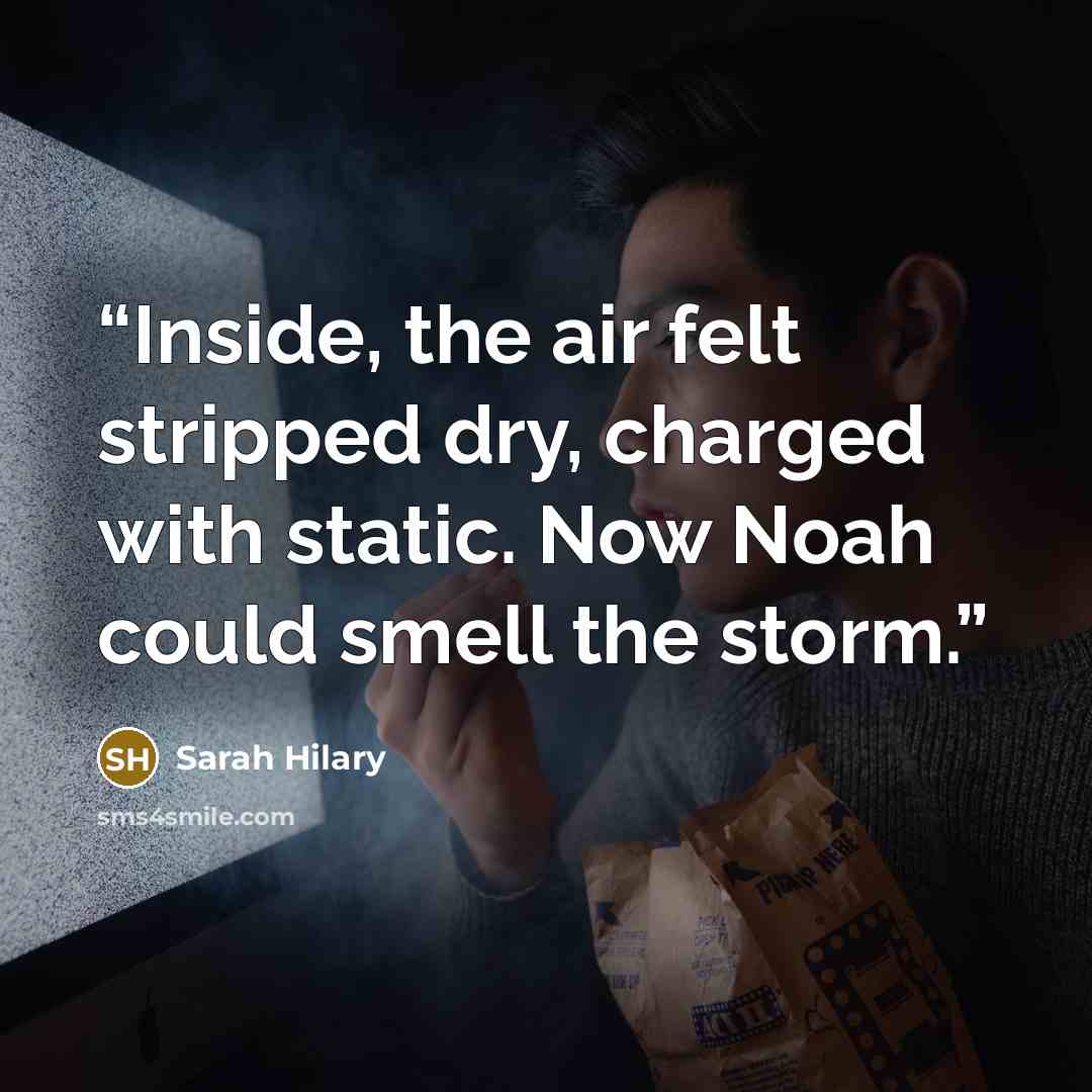 “Inside, the air felt stripped dry, charged with static. Now Noah could smell the storm.” quote by Sarah Hilary