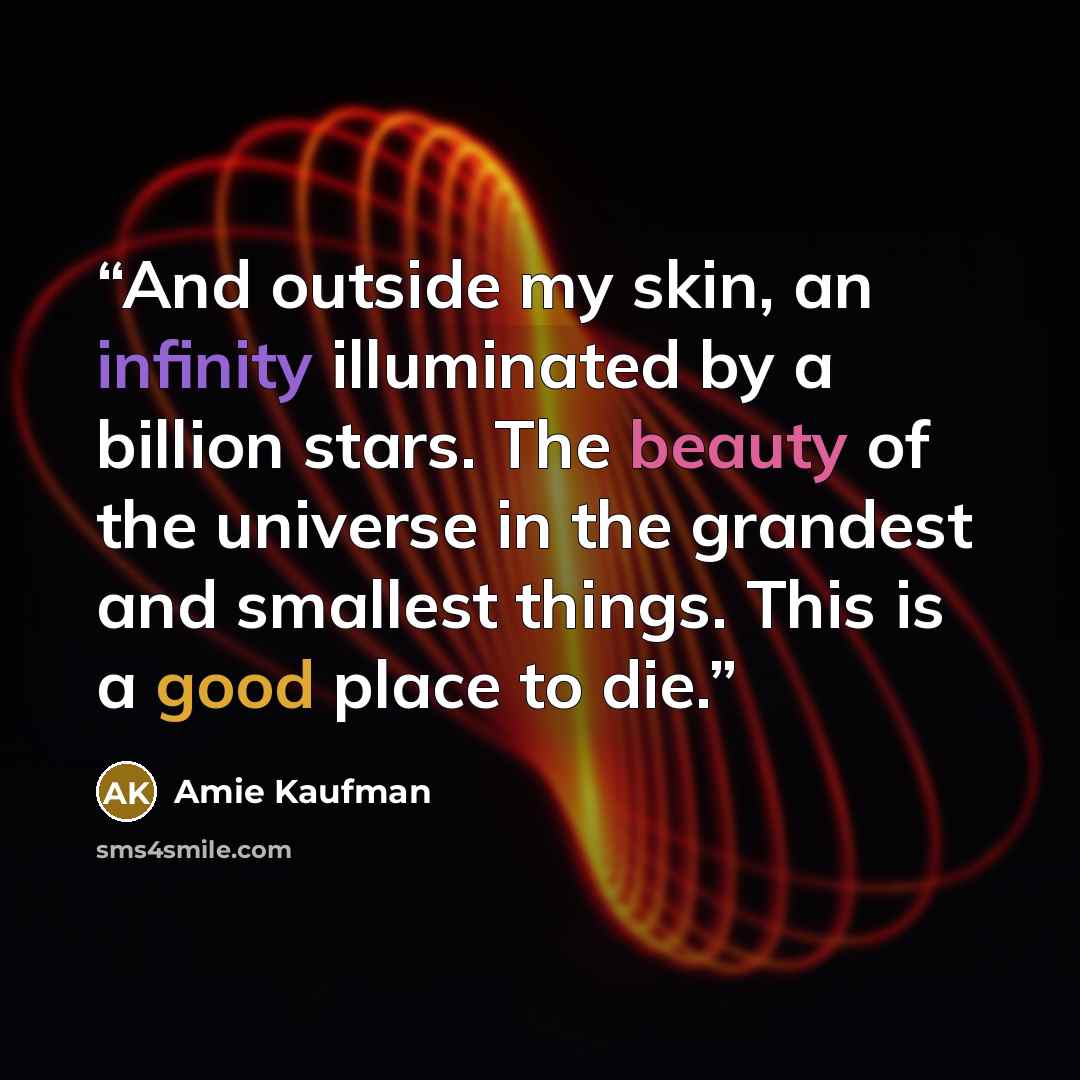 “And outside my skin, an infinity illuminated by a billion stars. The beauty of the universe in the grandest and smallest things. This is a good place to die.” quote by Amie Kaufman