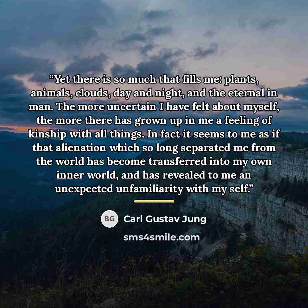 “Yet there is so much that fills me: plants, animals, clouds, day and night, and the eternal in man. The more uncertain I have felt about myself, the more there has grown up in me a feeling of kinship with all things. In fact it seems to me as if that alienation which so long separated me from the…” quote by Carl Gustav Jung