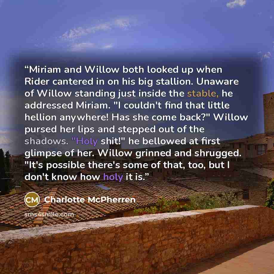 “Miriam and Willow both looked up when Rider cantered in on his big stallion. Unaware of Willow standing just inside the stable, he addressed Miriam. "I couldn't find that little hellion anywhere! Has she come back?" Willow pursed her lips and stepped out of the shadows. "Holy shit!" he bellowed at…” quote by Charlotte McPherren