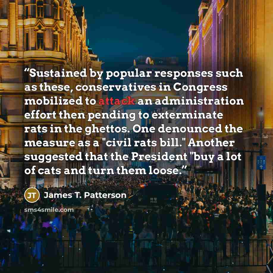 “Sustained by popular responses such as these, conservatives in Congress mobilized to attack an administration effort then pending to exterminate rats in the ghettos. One denounced the measure as a "civil rats bill." Another suggested that the President "buy a lot of cats and turn them loose.” quote by James T. Patterson