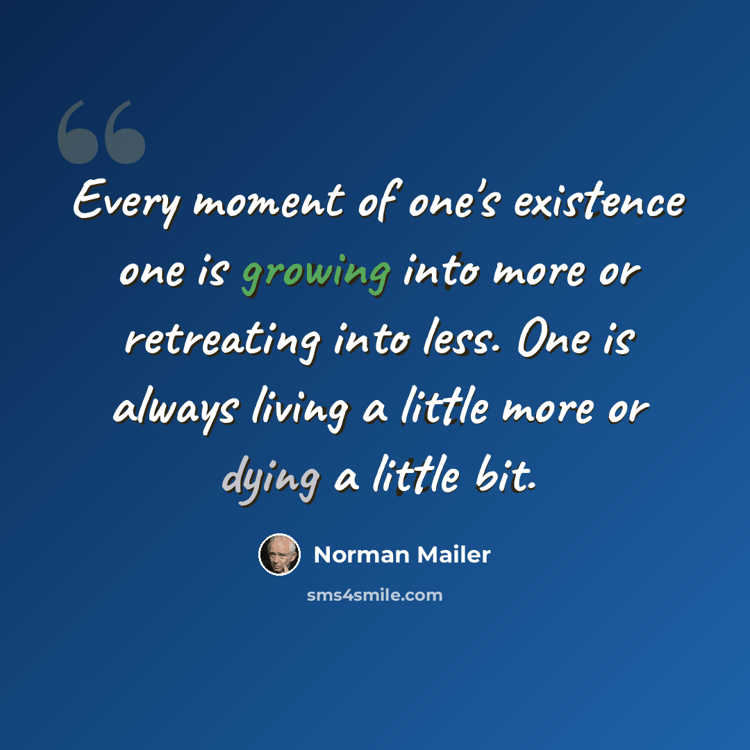 “Every moment of one's existence one is growing into more or retreating into less. One is always living a little more or dying a little bit.” quote by Norman Mailer