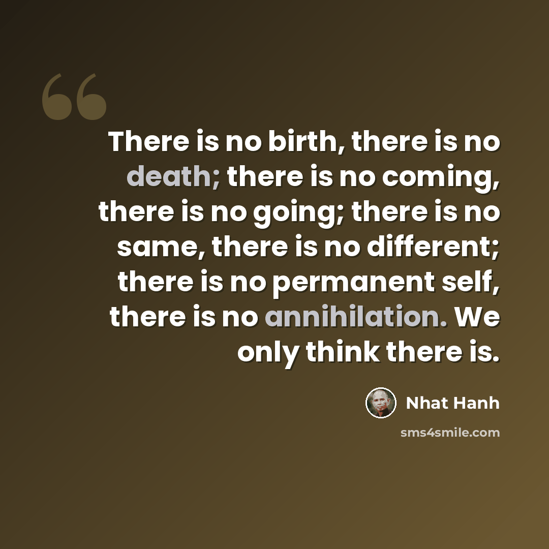 “There is no birth, there is no death; there is no coming, there is no going; there is no same, there is no different; there is no permanent self, there is no annihilation. We only think there is.” quote by Nhat Hanh