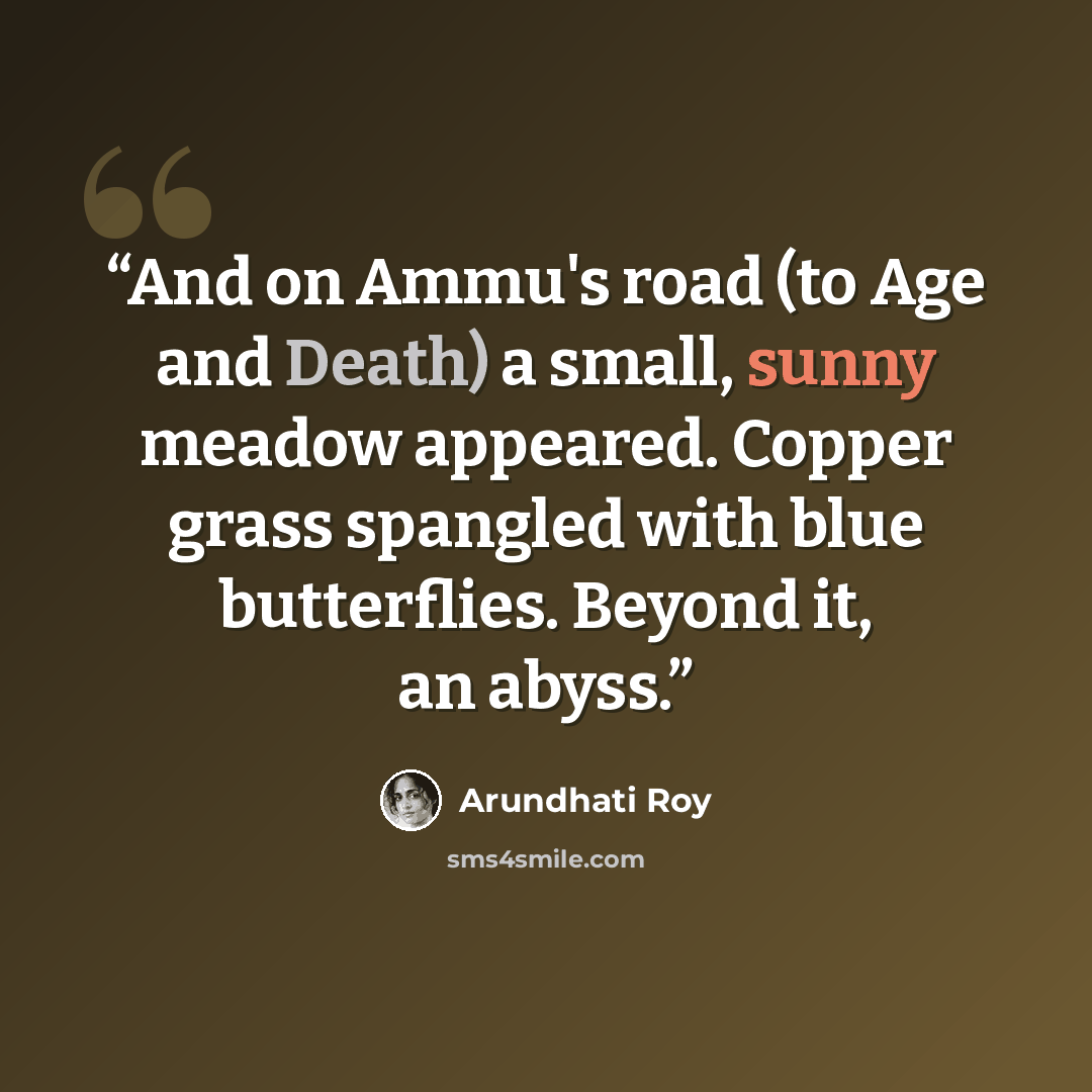 “And on Ammu's road (to Age and Death) a small, sunny meadow appeared. Copper grass spangled with blue butterflies. Beyond it, an abyss.” quote by Arundhati Roy