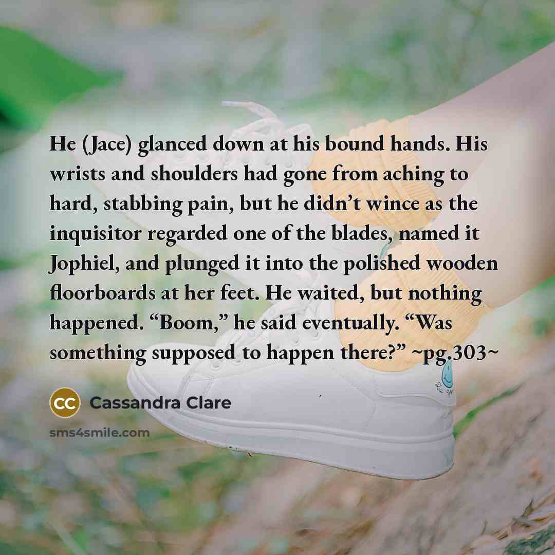 “He (Jace) glanced down at his bound hands. His wrists and shoulders had gone from aching to hard, stabbing pain, but he didn’t wince as the inquisitor regarded one of the blades, named it Jophiel, and plunged it into the polished wooden floorboards at her feet. He waited, but nothing happened…” quote by Cassandra Clare