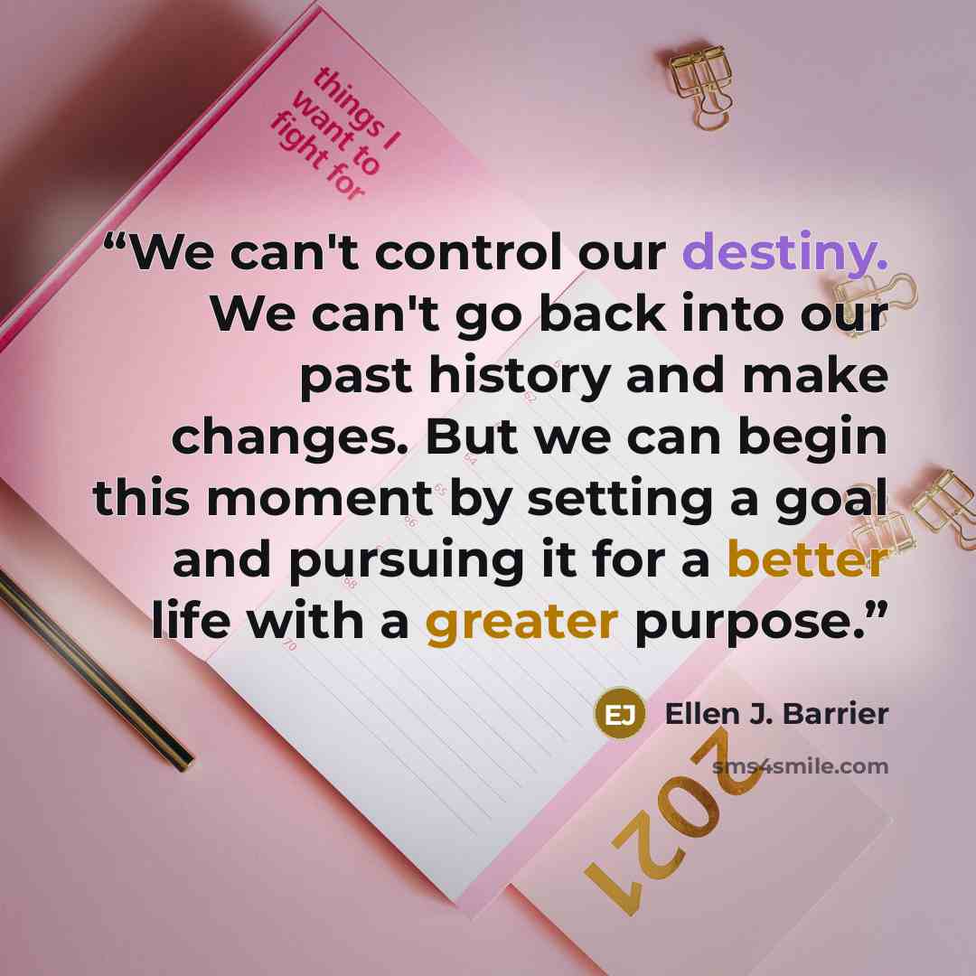 “We can't control our destiny. We can't go back into our past history and make changes. But we can begin this moment by setting a goal and pursuing it for a better life with a greater purpose.” quote by Ellen J. Barrier