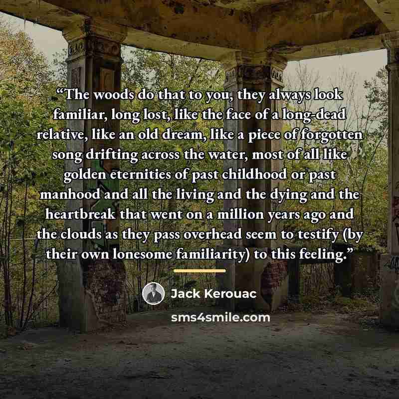 “The woods do that to you, they always look familiar, long lost, like the face of a long-dead relative, like an old dream, like a piece of forgotten song drifting across the water, most of all like golden eternities of past childhood or past manhood and all the living and the dying and the…” quote by Jack Kerouac