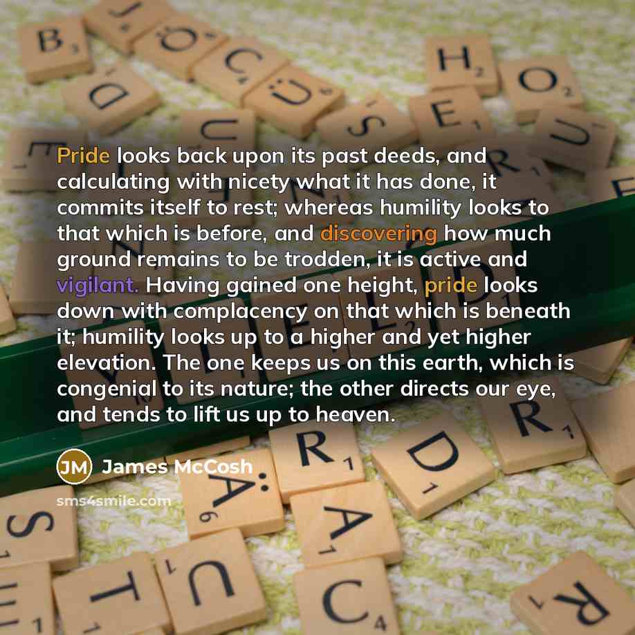 “Pride looks back upon its past deeds, and calculating with nicety what it has done, it commits itself to rest; whereas humility looks to that which is before, and discovering how much ground remains to be trodden, it is active and vigilant. Having gained one height, pride looks down with…” quote by James McCosh