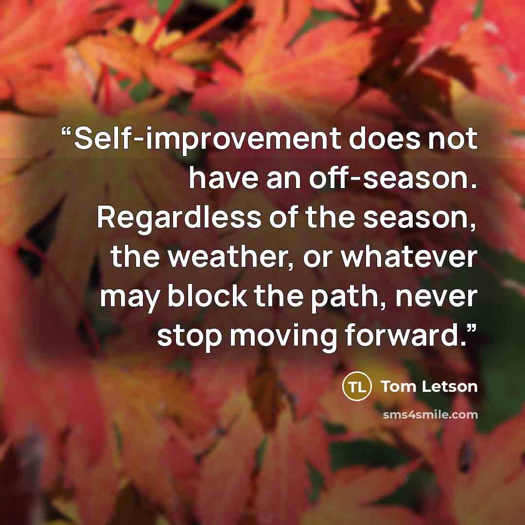 “Self-improvement does not have an off-season. Regardless of the season, the weather, or whatever may block the path, never stop moving forward.” quote by Tom Letson