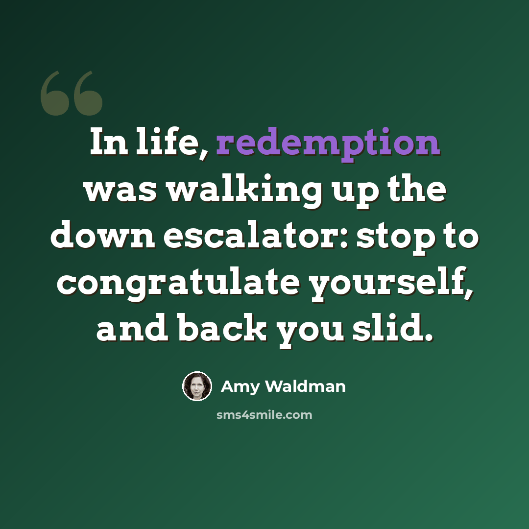 “In life, redemption was walking up the down escalator: stop to congratulate yourself, and back you slid.” quote by Amy Waldman