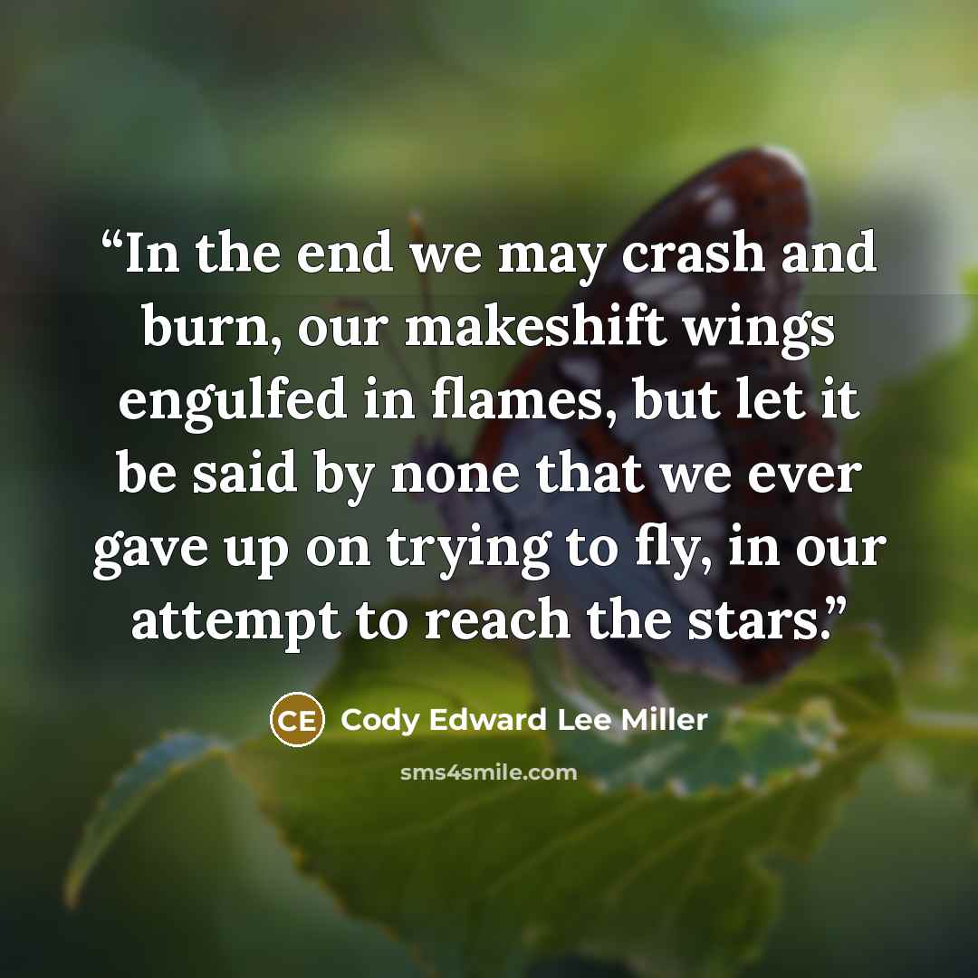 “In the end we may crash and burn, our makeshift wings engulfed in flames, but let it be said by none that we ever gave up on trying to fly, in our attempt to reach the stars.” quote by Cody Edward Lee Miller