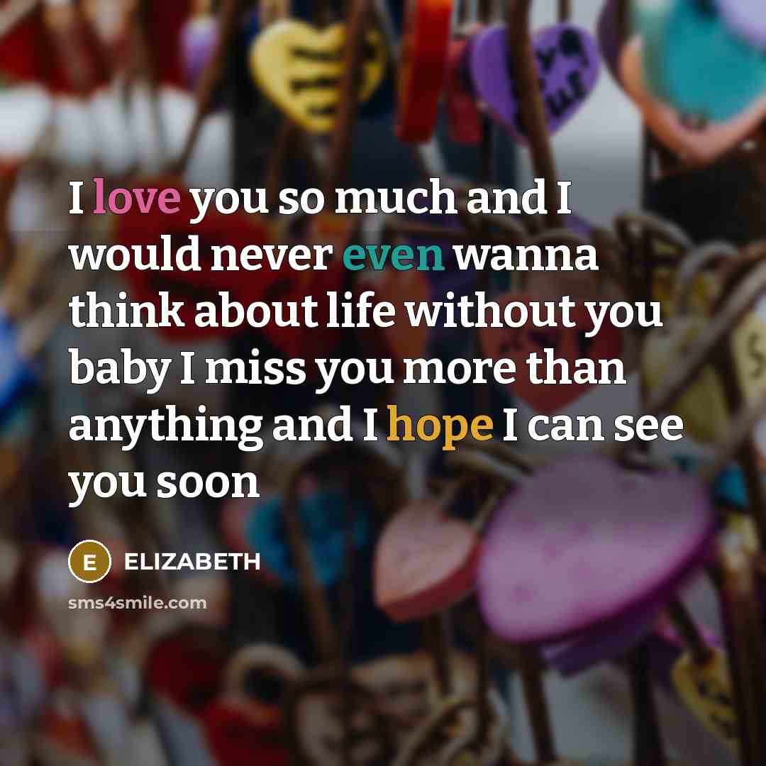 “I love you so much and I would never even wanna think about life without you baby I miss you more than anything and I hope I can see you soon” quote by Elizabeth