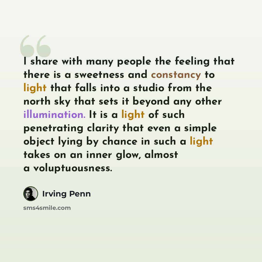 “I share with many people the feeling that there is a sweetness and constancy to light that falls into a studio from the north sky that sets it beyond any other illumination. It is a light of such penetrating clarity that even a simple object lying by chance in such a light takes on an inner glow…” quote by Irving Penn